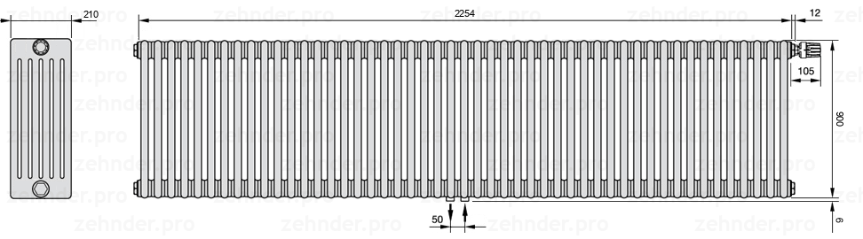 Схема (чертеж) Радиатор Zehnder Charleston 6090/49 №V008 Белый глянцевый RAL 9016
